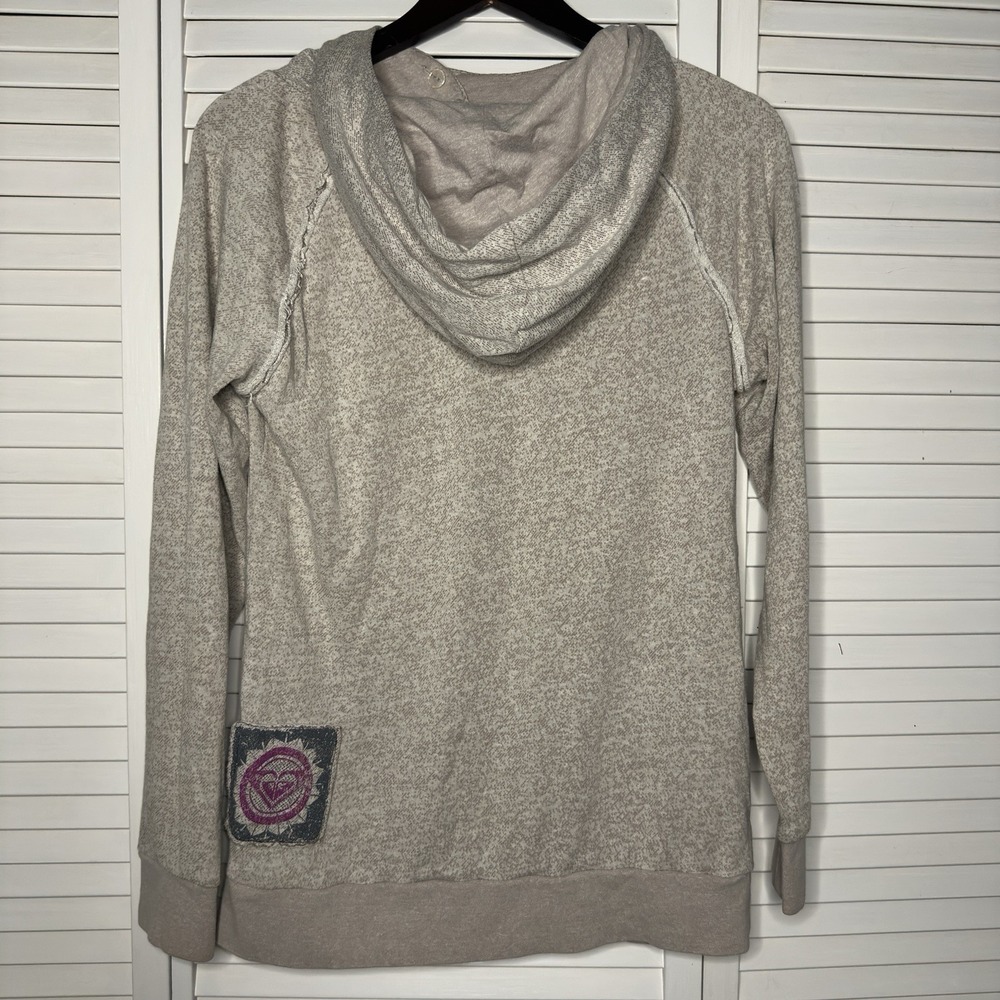 Vintage Roxy Women's Large Gray Cowl Neck Hoodie Distressed Pullover Y2K Comfort
